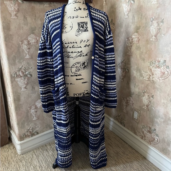 FREE PEOPLE COLETTE CROCHET STRIPED MAXI CARDIGAN BLUE WHITE MEDIUM AND LARGE - Picture 7 of 9